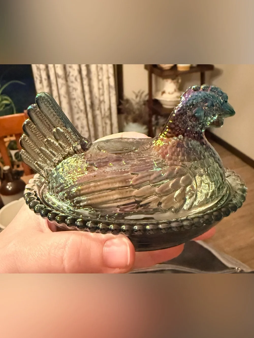 Iridescent Green Glass Hen on Nest Trinket Dish